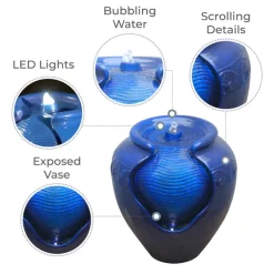 Teamson Home Outdoor Glazed Pot Fountain with LED Lights, Blue