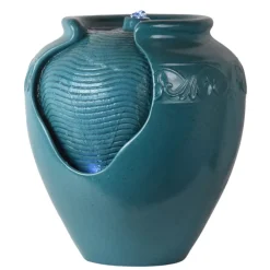 Teamson Home Outdoor Glazed Pot Floor Fountain with LED Light, Teal