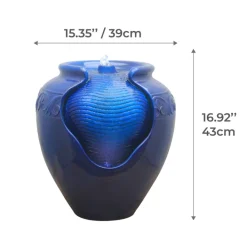 Teamson Home Outdoor Glazed Pot Fountain with LED Lights, Blue