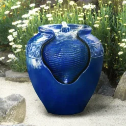 Teamson Home Outdoor Glazed Pot Fountain with LED Lights, Blue