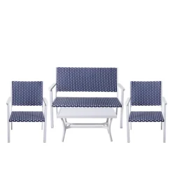 Teamson Home Outdoor 4-Piece Coastal PE Rattan Table, Loveseat and Chairs Patio Set, White/Navy
