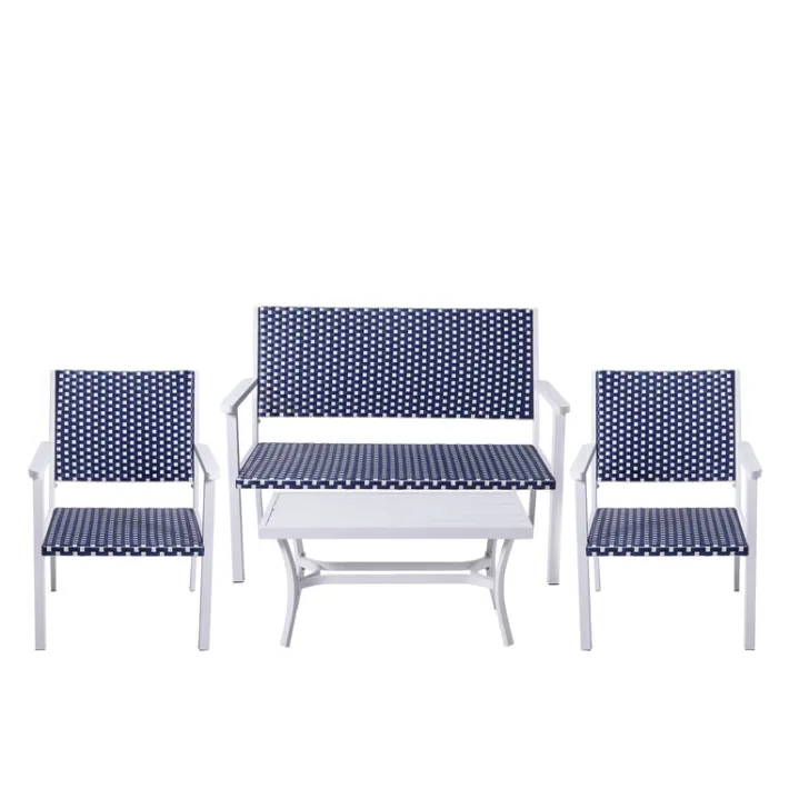Teamson Home Outdoor 4-Piece Coastal PE Rattan Table, Loveseat and Chairs Patio Set, White/Navy