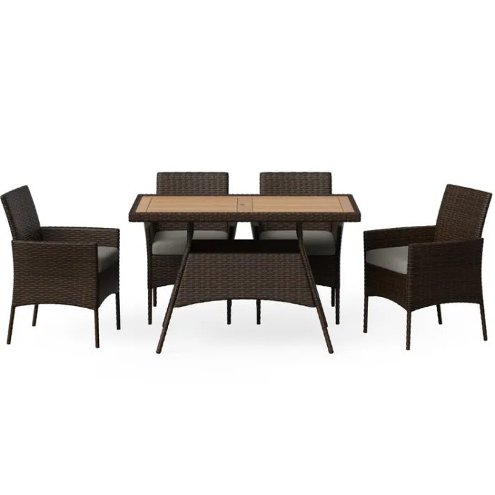 Teamson Home Outdoor 5-Piece PE Rattan and Acacia Wood Patio Dining Set with Four Chairs and Table, Brown