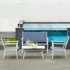 Teamson Home Outdoor 4-Piece Coastal PE Rattan Table, Loveseat and Chairs Patio Set, White/Navy