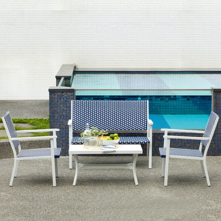 Teamson Home Outdoor 4-Piece Coastal PE Rattan Table, Loveseat and Chairs Patio Set, White/Navy