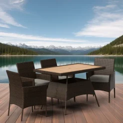 Teamson Home Outdoor 5-Piece PE Rattan and Acacia Wood Patio Dining Set with Four Chairs and Table, Brown