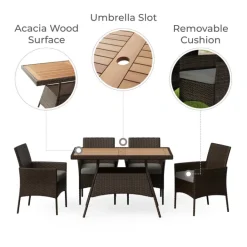 Teamson Home Outdoor 5-Piece PE Rattan and Acacia Wood Patio Dining Set with Four Chairs and Table, Brown