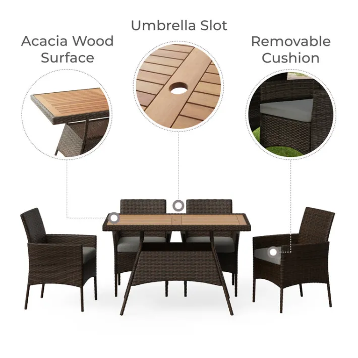 Teamson Home Outdoor 5-Piece PE Rattan and Acacia Wood Patio Dining Set with Four Chairs and Table, Brown