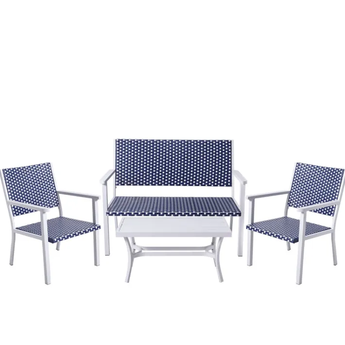 Teamson Home Outdoor 4-Piece Coastal PE Rattan Table, Loveseat and Chairs Patio Set, White/Navy