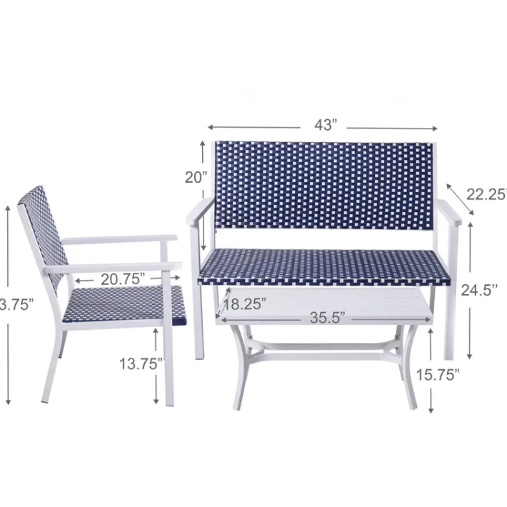 Teamson Home Outdoor 4-Piece Coastal PE Rattan Table, Loveseat and Chairs Patio Set, White/Navy