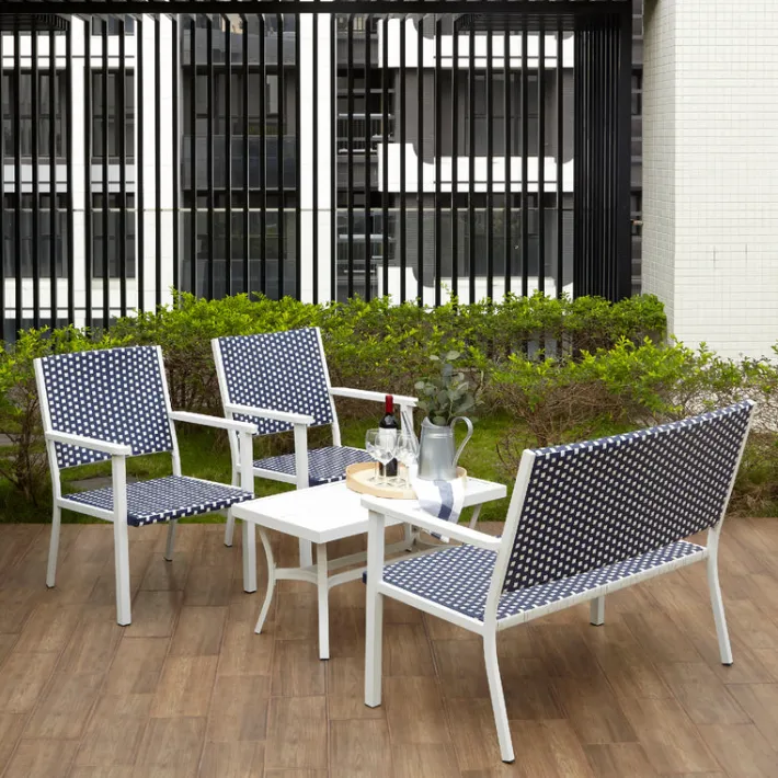 Teamson Home Outdoor 4-Piece Coastal PE Rattan Table, Loveseat and Chairs Patio Set, White/Navy