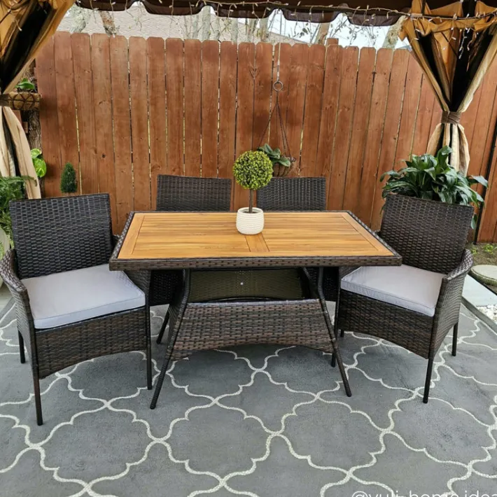 Teamson Home Outdoor 5-Piece PE Rattan and Acacia Wood Patio Dining Set with Four Chairs and Table, Brown