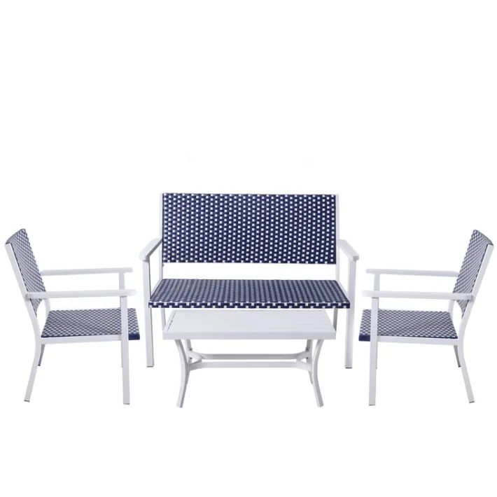 Teamson Home Outdoor 4-Piece Coastal PE Rattan Table, Loveseat and Chairs Patio Set, White/Navy