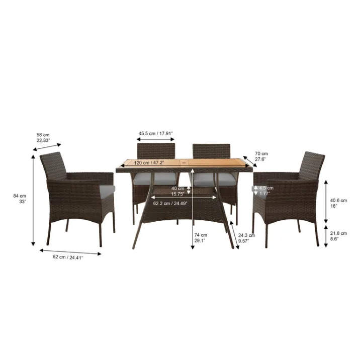 Teamson Home Outdoor 5-Piece PE Rattan and Acacia Wood Patio Dining Set with Four Chairs and Table, Brown