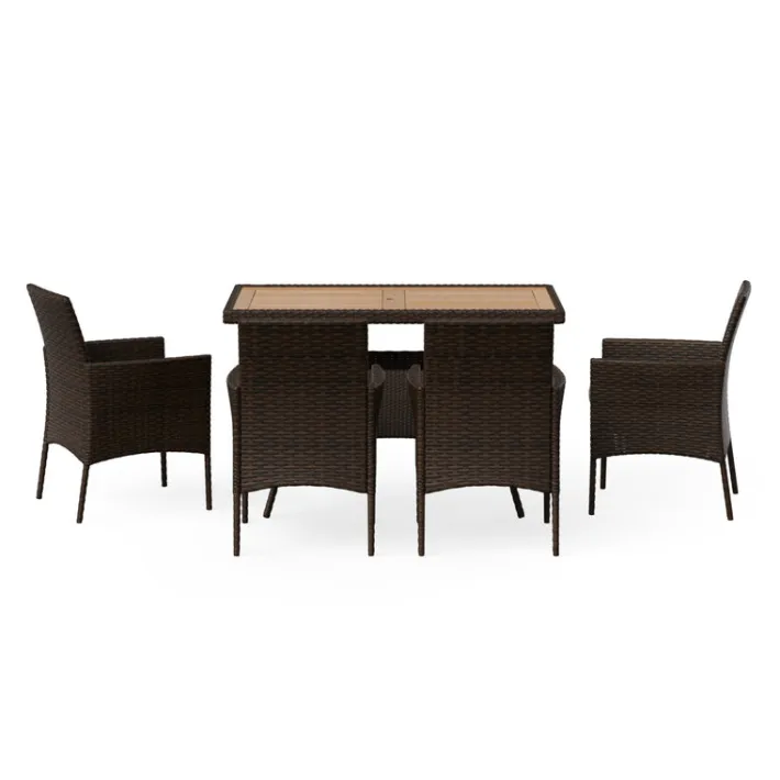 Teamson Home Outdoor 5-Piece PE Rattan and Acacia Wood Patio Dining Set with Four Chairs and Table, Brown