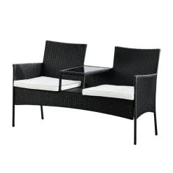 Teamson Home Outdoor Wicker Loveseat Bench with Table and Cushions, Black