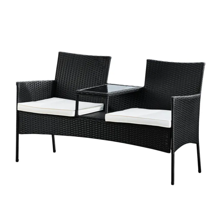 Teamson Home Outdoor Wicker Loveseat Bench with Table and Cushions, Black
