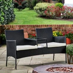 Teamson Home Outdoor Wicker Loveseat Bench with Table and Cushions, Black