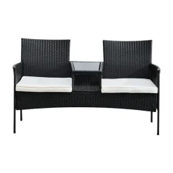 Teamson Home Outdoor Wicker Loveseat Bench with Table and Cushions, Black