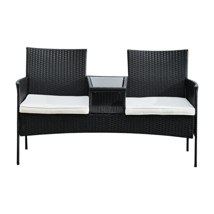Teamson Home Outdoor Wicker Loveseat Bench with Table and Cushions, Black