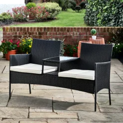 Teamson Home Outdoor Wicker Loveseat Bench with Table and Cushions, Black
