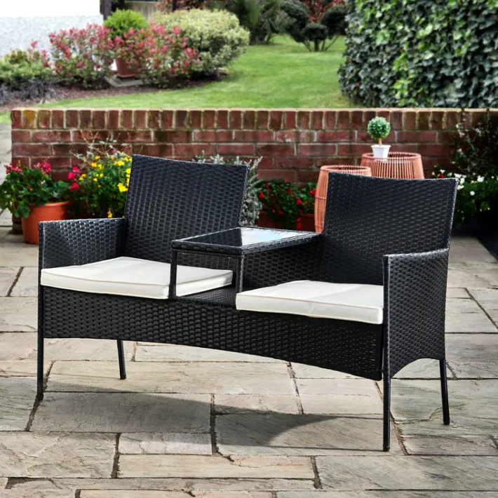 Teamson Home Outdoor Wicker Loveseat Bench with Table and Cushions, Black
