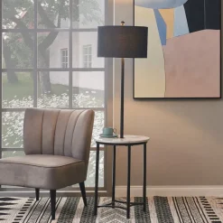 Teamson Home Shenna Floor Lamp with Faux Marble Tray Table and Built-In USB Port, Black- FINAL SALE