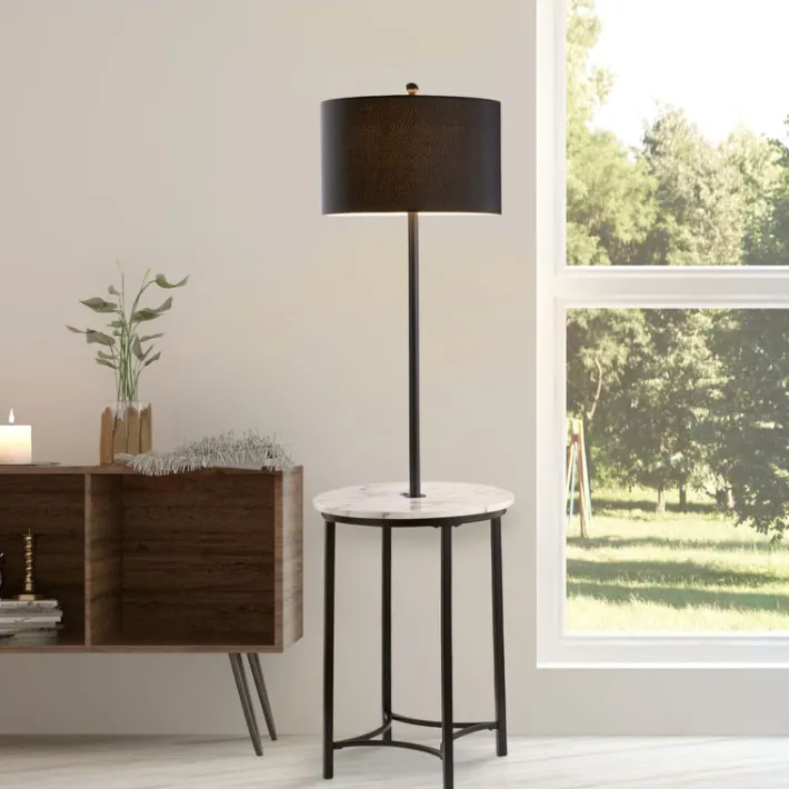 Teamson Home Shenna Floor Lamp with Faux Marble Tray Table and Built-In USB Port, Black- FINAL SALE