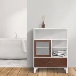 Teamson Home Tyler Modern Floor Cabinet with Drawer, Walnut/White -FINAL SALE