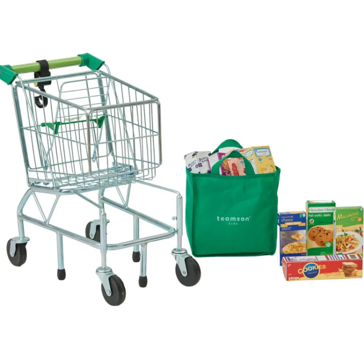 Kids Teamson KIDS - LITTLE HELPER DALLAS SHOPPING CART WITH PLAY FOOD, CHROME/GREEN- FINAL SALE