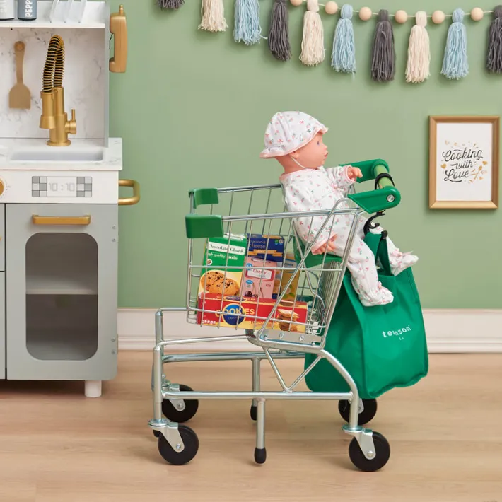 Kids Teamson KIDS - LITTLE HELPER DALLAS SHOPPING CART WITH PLAY FOOD, CHROME/GREEN- FINAL SALE