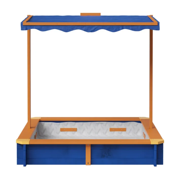 Kids Teamson Kids 4' Square Solid Wood Sandbox with Rotatable Canopy Cover, Honey/Blue
