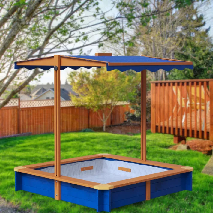 Kids Teamson Kids 4' Square Solid Wood Sandbox with Rotatable Canopy Cover, Honey/Blue