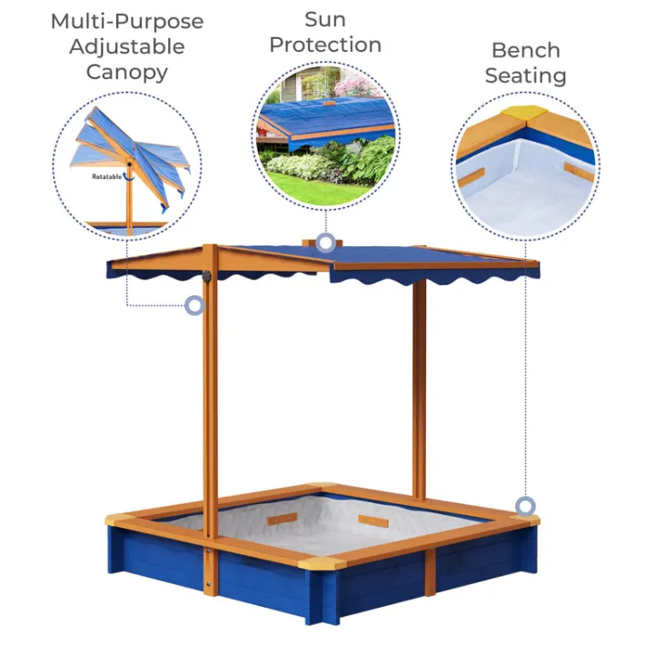 Kids Teamson Kids 4' Square Solid Wood Sandbox with Rotatable Canopy Cover, Honey/Blue