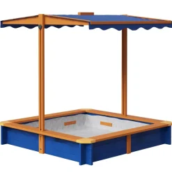 Kids Teamson Kids 4' Square Solid Wood Sandbox with Rotatable Canopy Cover, Honey/Blue