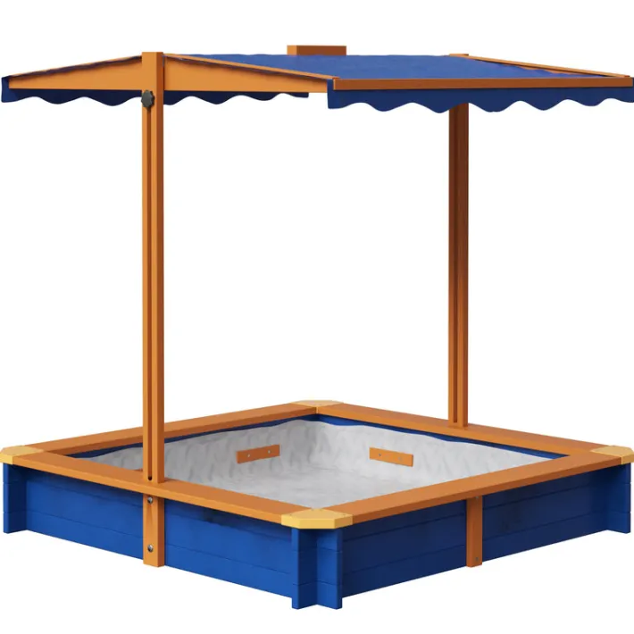 Kids Teamson Kids 4' Square Solid Wood Sandbox with Rotatable Canopy Cover, Honey/Blue