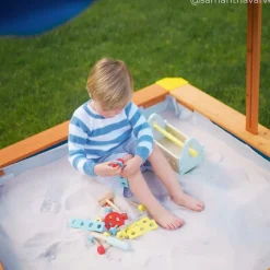 Kids Teamson Kids 4' Square Solid Wood Sandbox with Rotatable Canopy Cover, Honey/Blue
