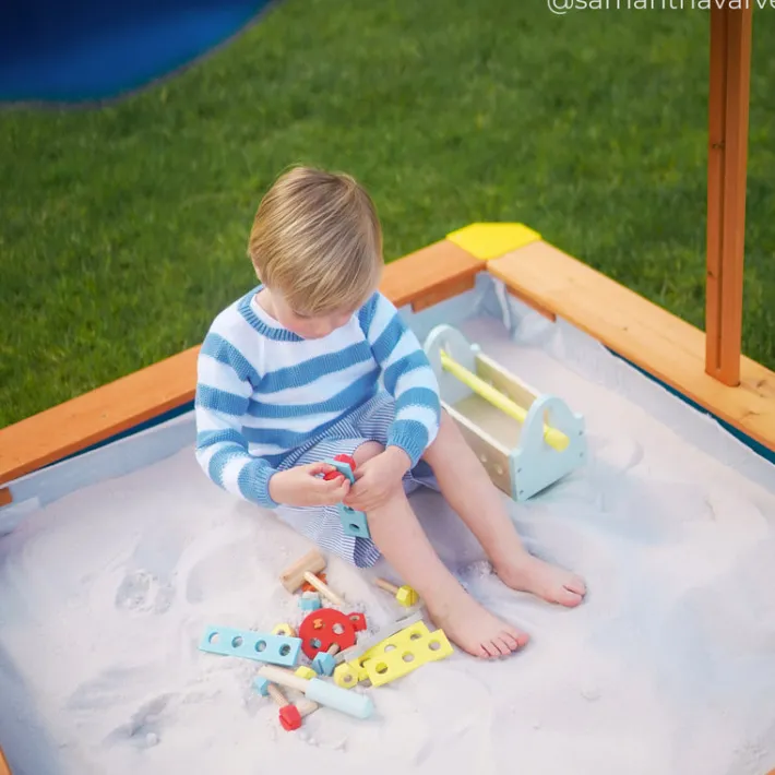 Kids Teamson Kids 4' Square Solid Wood Sandbox with Rotatable Canopy Cover, Honey/Blue