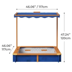 Kids Teamson Kids 4' Square Solid Wood Sandbox with Rotatable Canopy Cover, Honey/Blue