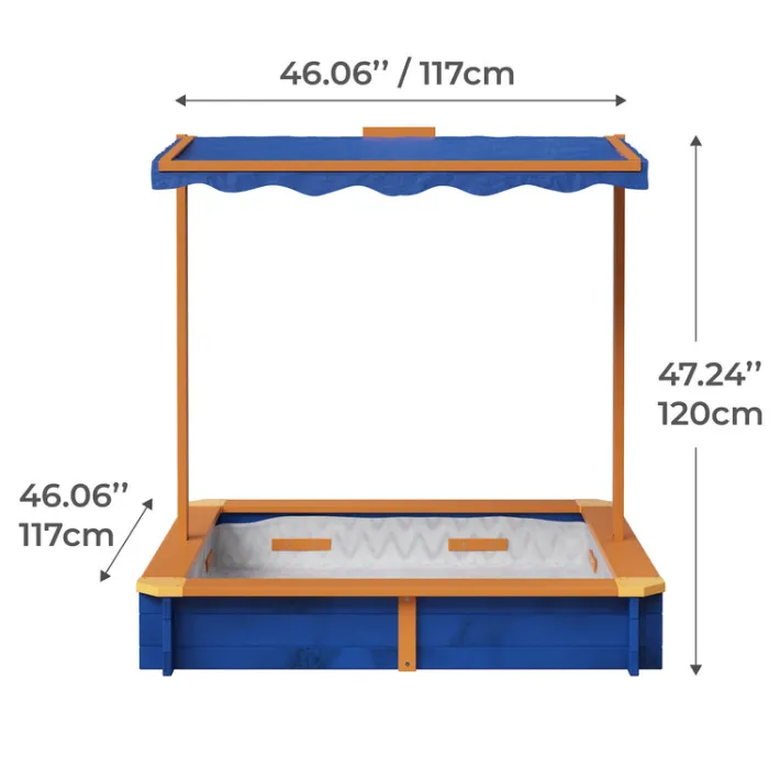Kids Teamson Kids 4' Square Solid Wood Sandbox with Rotatable Canopy Cover, Honey/Blue