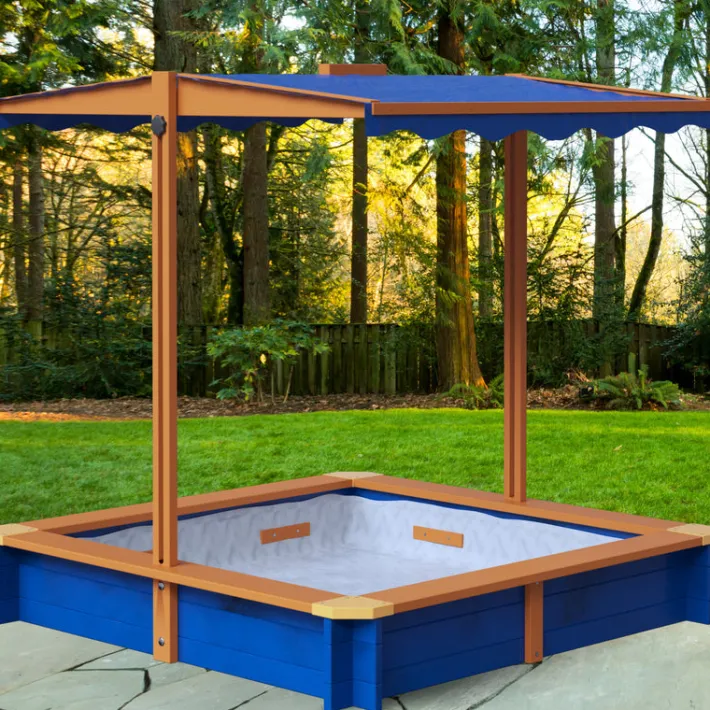 Kids Teamson Kids 4' Square Solid Wood Sandbox with Rotatable Canopy Cover, Honey/Blue