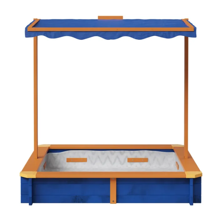 Kids Teamson Kids 4' Square Solid Wood Sandbox with Rotatable Canopy Cover, Honey/Blue