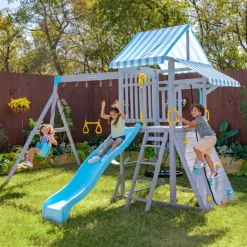 Kids Teamson Kids Laguna Swing Set Playset with Platform & Rock Wall, Gray