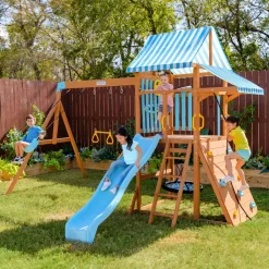 Kids Teamson Kids Laguna Swing Playset with Platform & Rock Wall, Aqua & Natural