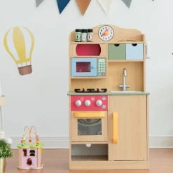 Kids Teamson Kids Little Chef Florence Classic Play Kitchen with 5 Kitchen Accessory Toys, Wood Grain