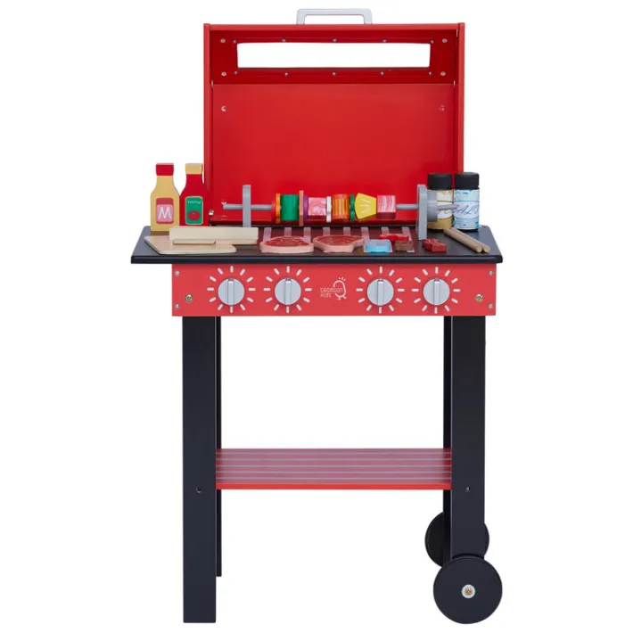 Kids Teamson Kids Little Helper Backyard BBQ Grill Playset with 26 Cooking Accessories, Red/Black