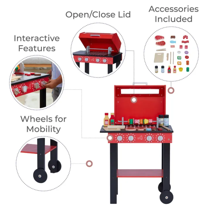 Kids Teamson Kids Little Helper Backyard BBQ Grill Playset with 26 Cooking Accessories, Red/Black