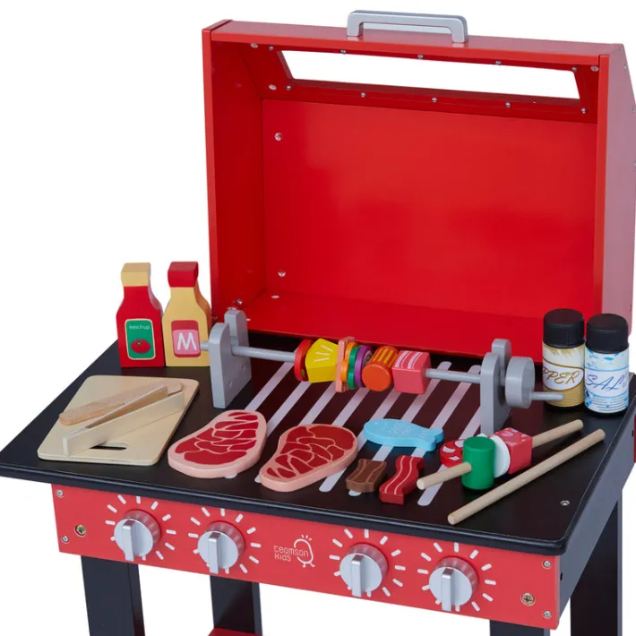 Kids Teamson Kids Little Helper Backyard BBQ Grill Playset with 26 Cooking Accessories, Red/Black