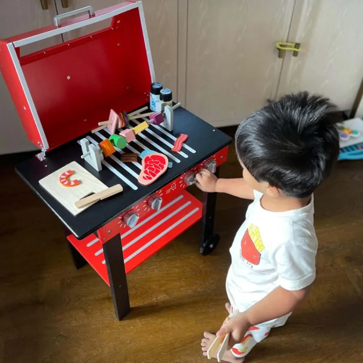 Kids Teamson Kids Little Helper Backyard BBQ Grill Playset with 26 Cooking Accessories, Red/Black