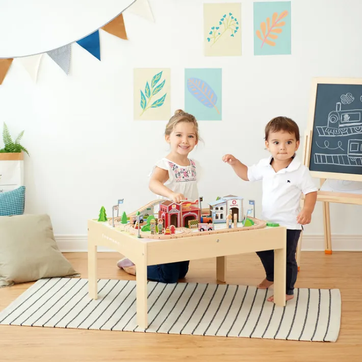 Kids Teamson Kids Preschool Play Lab Toys Table with 85-pc Train and Town Set, Natural
